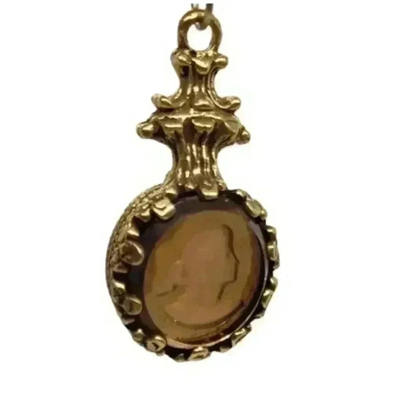 Vintage Goldette 3 Strand Cameo Necklace Amber Crystal Glass Intaglio 1950s - Picture 2 of 16